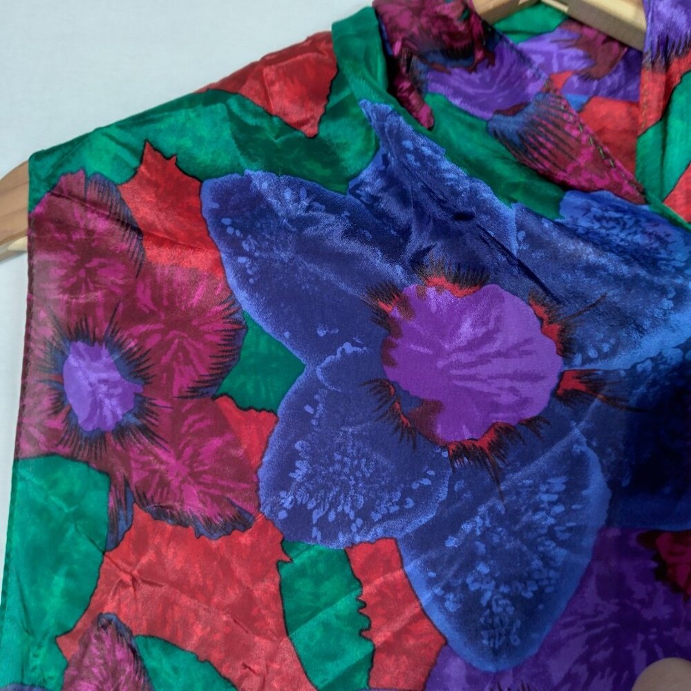 Vintage 1990s Liz Claiborne Silk Scarf Bold Colorful Flowers Rectangle 10x52" - Picture 11 of 13